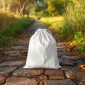 White Drawstring Pouch on Rustic Stone Path in Nature Blank Canvas for EcoFriendly Packaging Travel Essentials or Personal Journe Royalty Free Stock Photo