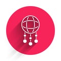 White Dream catcher with feathers icon isolated with long shadow. Red circle button. Vector