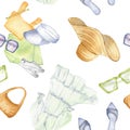White dress, straw hat, bag, glasses watercolor seamless pattern isolated on white. Woman\'s summer beach outfit hand drawn.
