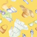 White dress, straw hat, bag, glasses watercolor seamless pattern isolated on yellow. Woman's summer beach outfit Royalty Free Stock Photo