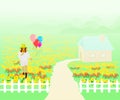 A white dress woman wearing a hat in the handle of the balloon Walking in the sunflower garden Royalty Free Stock Photo