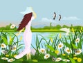 A white dress woman wearing a hat, standing at the edge of a swamp with flowers, butterfly, birds with forests background Royalty Free Stock Photo