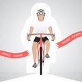White dressed cyclist in front view crossing red finish line isolated