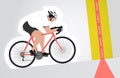 White dressed cyclist riding upwards to finish line isolated