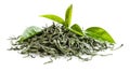 On white, dried green tea leaves