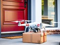 White drone delivering package