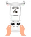 White drone with with digital camera for aerial photography. Remote Control and mobile smartphone Royalty Free Stock Photo