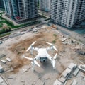 White drone navigating a bustling city construction site, topography shoot for future buildings. Vehicle surveying