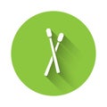 White Drum sticks icon isolated with long shadow. Musical instrument. Green circle button. Vector Royalty Free Stock Photo