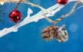 White dry tree branches decorated by christmas garland lights with pine cones and red jingle bell. macro view Royalty Free Stock Photo