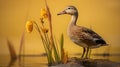Dreamlike Duck: Stunning Hd Photograph Of A Brown Duck On A Bright Stem