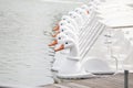 White duck pedal boats Royalty Free Stock Photo