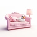 Pink Sofa With Sleeping Duck - Whimsical 3d Cartoon Design