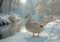 a white duck standing in the snow in the winter Royalty Free Stock Photo