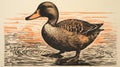 Woodcut-inspired Duck Print On Red Background
