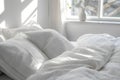 white duvet and pillows on the background of the window in close-up, the concept of preparing for the winter season,household Royalty Free Stock Photo