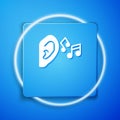 White Ear listen sound signal icon isolated on blue background. Ear hearing. Blue square button. Vector Royalty Free Stock Photo