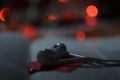 White earphone on blurry open book page and red love heart symbol with blur bokeh lights background. Being a good listener concept Royalty Free Stock Photo