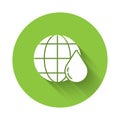 White Earth planet in water drop icon isolated with long shadow. World globe. Saving water and world environmental Royalty Free Stock Photo