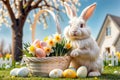 White Easter Bunny , Basket With Easter Eggs And Flowers In The Yard Of The House