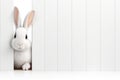 White Easter bunny on bright wooden wall background. Easter banner. Generative AI