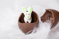 Easter marzipan rabbit in a cracked chocolate egg. Sweet Easter tradition. Royalty Free Stock Photo