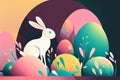 White easter bunny with easter eggs cartoon style illustration. Generative AI.