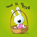 White Easter Bunny Hold Egg Sitting in Basket - Happy Easter Vector IllustrationWhite Easter Bunny Hold Egg Sitting in Basket