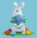 White easter bunny holding bouquet flowers of violets