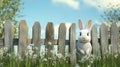 White Easter bunny peeking out of a fence, close-up. Generated by artificial intelligence. Royalty Free Stock Photo