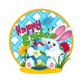 A white Easter bunny rabbit holds a large Easter colored egg with a pattern of daisies. Glade with flowers and grass. Greeting car