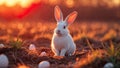 White easter bunny sitting in field at sunset with eggs Royalty Free Stock Photo