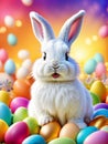 White Easter bunny stands on colored Easter eggs