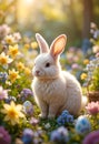 White Easter Bunny In Sunlit Spring Garden With Flowers And Painted Eggs Royalty Free Stock Photo