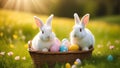 White Easter buns in a basket with colorful eggs on a sunny lawn. Royalty Free Stock Photo