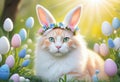 White Easter cat with white rabbit ears collects yellow eggs sitting on the grass. Happy Easter. Royalty Free Stock Photo