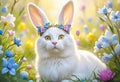 White Easter cat with white rabbit ears collects yellow eggs sitting on the grass. Happy Easter. Royalty Free Stock Photo