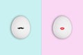 White easter egg with black gentleman mustache on blue background and egg with lady red lips on pink background Royalty Free Stock Photo