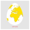 White Easter egg with yellow world map. Planet Earth in form of egg on light gray background with greeting text in red color. Vect