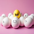 White Easter eggs with laughing and happy face, eyes and mouth, on pink background. Royalty Free Stock Photo