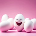 White Easter eggs with laughing and happy face, eyes and mouth, on pink background. Royalty Free Stock Photo