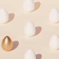 White Easter eggs pattern and one egg decorated with gold, beige background, spring April holidays card, isometric 3d illustration Royalty Free Stock Photo