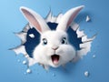 White Easter fluffy eared bunny peeking out of a hole in blue wall, rabbit jumping out torn hole, Easter concept, copy space