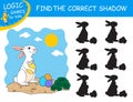 White Easter Rabbit. Find the correct shadow the Bunny with Eggs. Cute cartoon rabbit on sand. Educational matching game.