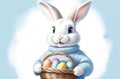 white easter rabbit wearing a blue sweater holding a basket with eggs, yellow tulips in the background, easter banner or Royalty Free Stock Photo