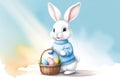 white easter rabbit wearing a blue sweater holding a basket with eggs, yellow tulips in the background, easter banner or Royalty Free Stock Photo