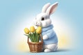 white easter rabbit wearing a blue sweater holding a basket with eggs, yellow tulips in the background, easter banner or Royalty Free Stock Photo