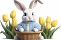 white easter rabbit wearing a blue sweater holding a basket with eggs, yellow tulips in the background, easter banner or Royalty Free Stock Photo