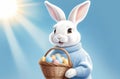 white easter rabbit wearing a blue sweater holding a basket with eggs, yellow tulips in the background, easter banner or Royalty Free Stock Photo