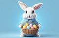 white easter rabbit wearing a blue sweater holding a basket with eggs, yellow tulips in the background, easter banner or Royalty Free Stock Photo